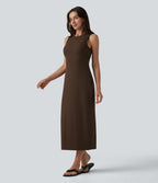 Ribbed Round Neck Sleeveless Built-in Bra Bodycon Midi Casual Dress — Flamewood Brown — view 3