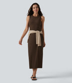 Ribbed Round Neck Sleeveless Built-in Bra Bodycon Midi Casual Dress — Flamewood Brown — view 7