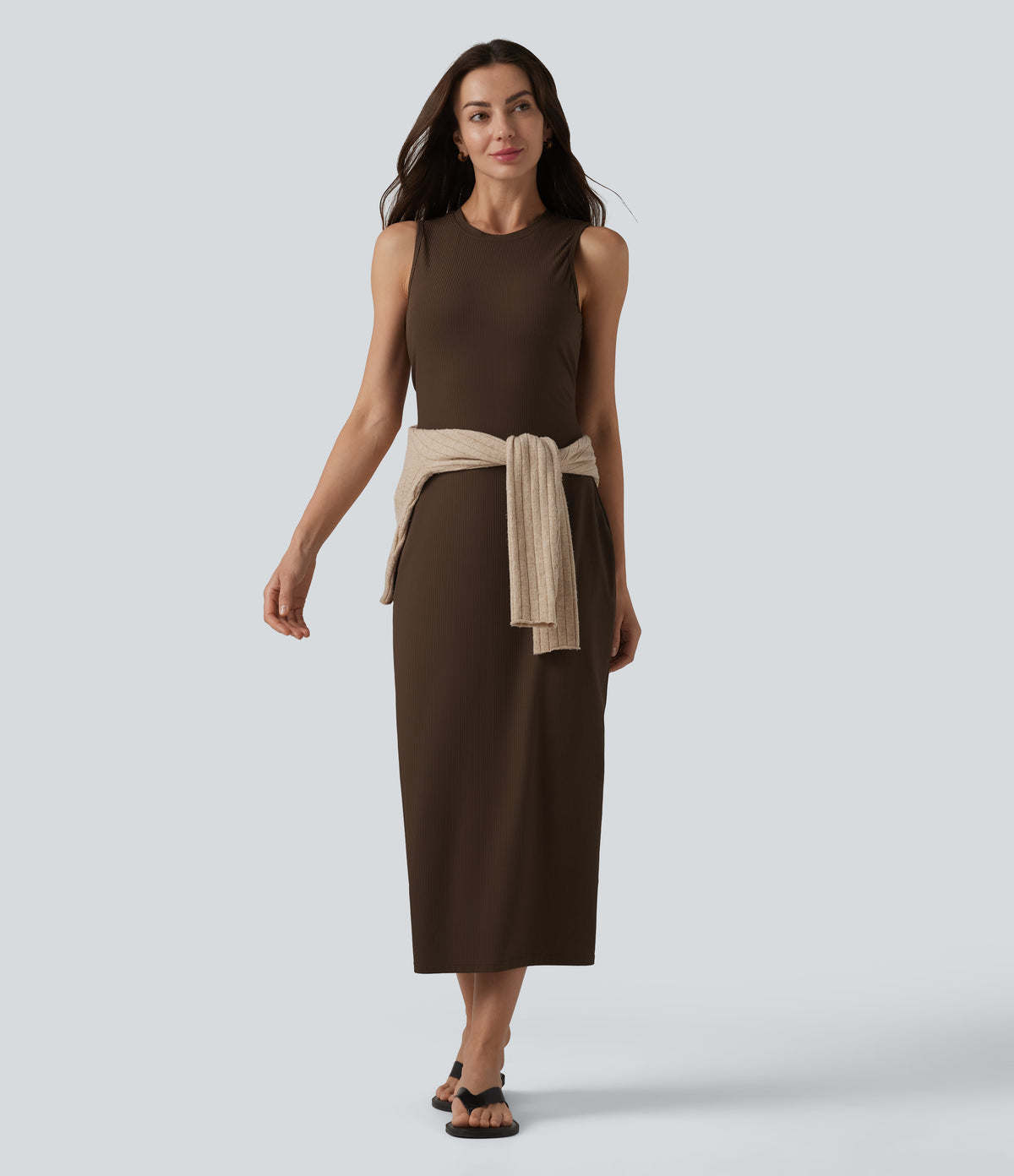 Ribbed Round Neck Sleeveless Built-in Bra Bodycon Midi Casual Dress — Flamewood Brown — view 7