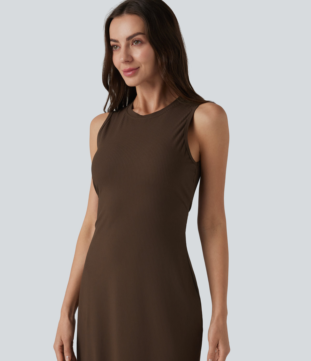 Ribbed Round Neck Sleeveless Built-in Bra Bodycon Midi Casual Dress — Flamewood Brown — view 4