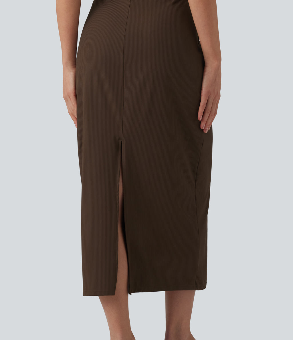 Ribbed Round Neck Sleeveless Built-in Bra Bodycon Midi Casual Dress — Flamewood Brown — view 5