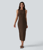 Ribbed Round Neck Sleeveless Built-in Bra Bodycon Midi Casual Dress — Flamewood Brown — view 2