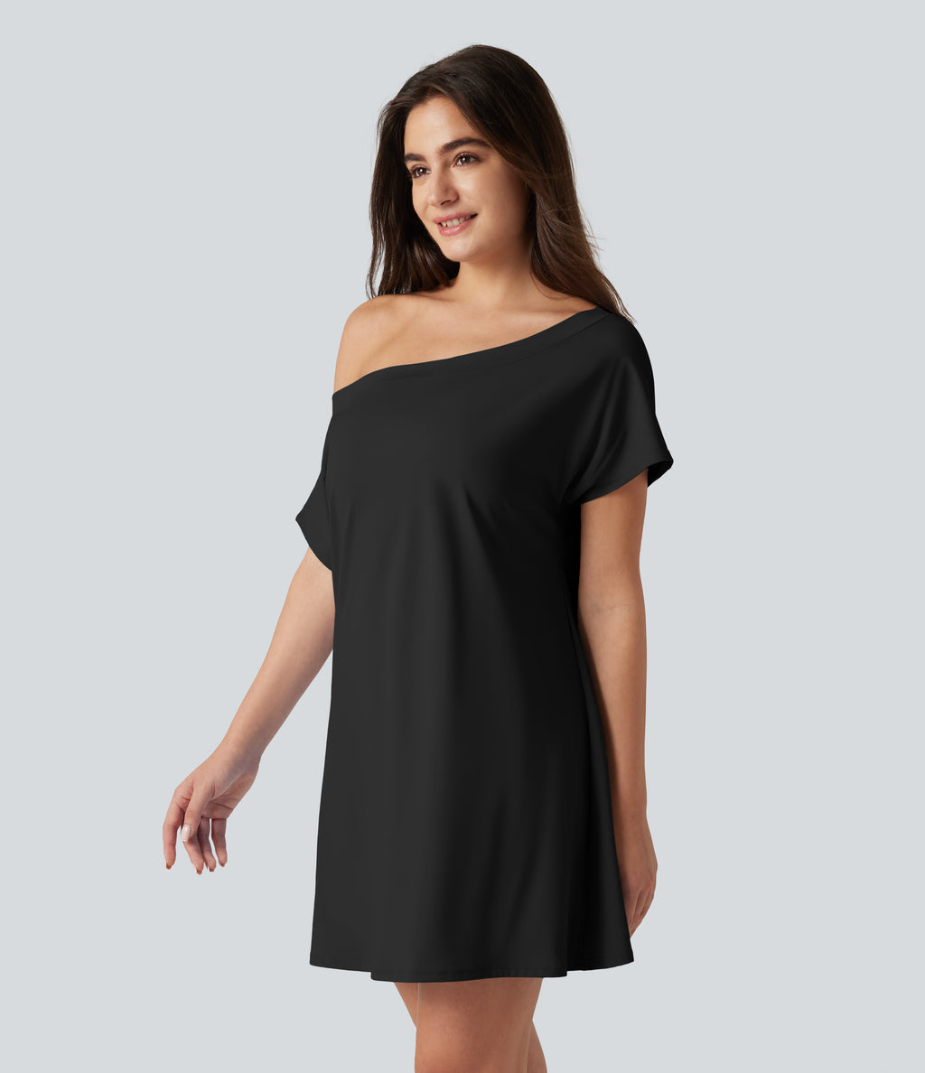 Airy One Shoulder Short Sleeve Built-in Bra InstantCool Mini Casual Dress — Black — view 3