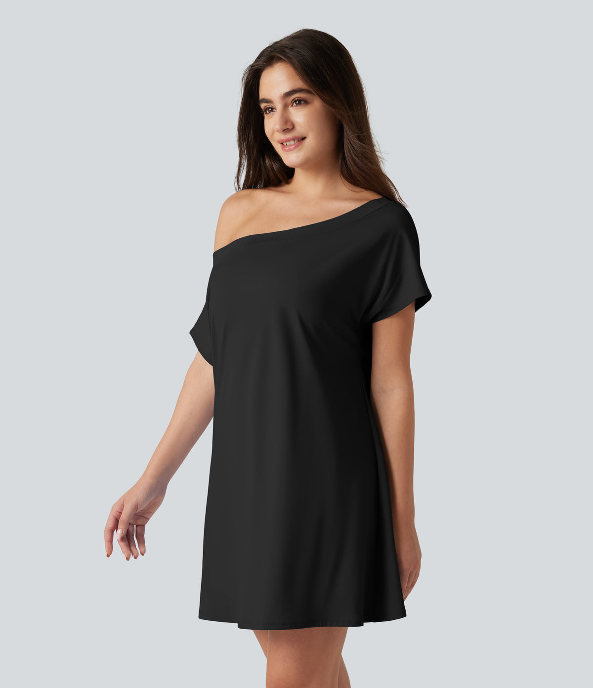 Airy One Shoulder Short Sleeve Built-in Bra InstantCool Mini Casual Dress — Black — view 3