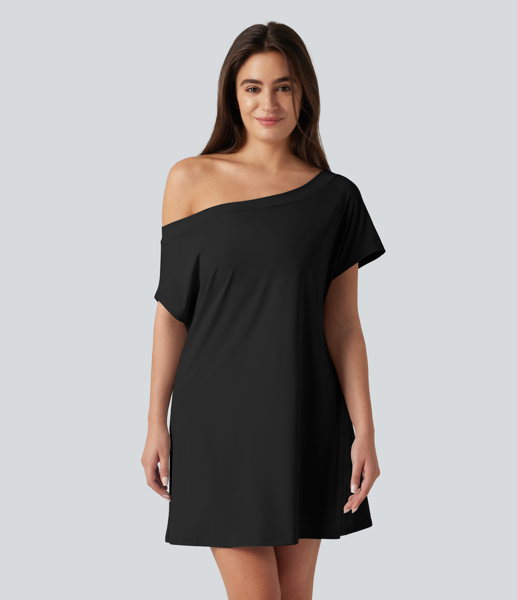 Airy One Shoulder Short Sleeve Built-in Bra InstantCool Mini Casual Dress — Black — view 1