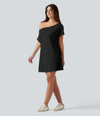 Airy One Shoulder Short Sleeve Built-in Bra InstantCool Mini Casual Dress — Black — view 6