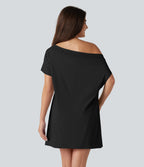 Airy One Shoulder Short Sleeve Built-in Bra InstantCool Mini Casual Dress — Black — view 2