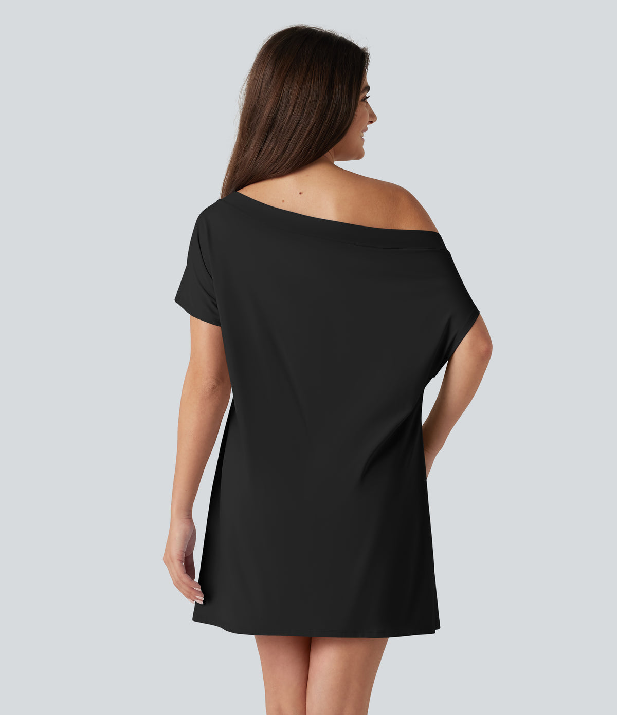Airy One Shoulder Short Sleeve Built-in Bra InstantCool Mini Casual Dress — Black — view 2