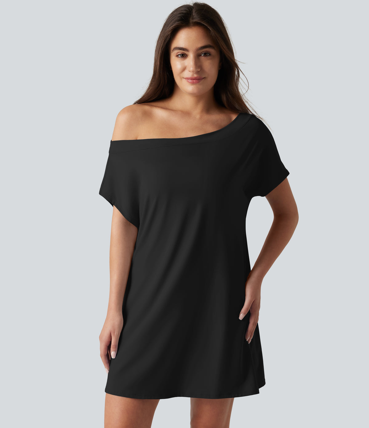 Airy One Shoulder Short Sleeve Built-in Bra InstantCool Mini Casual Dress — Black — view 5