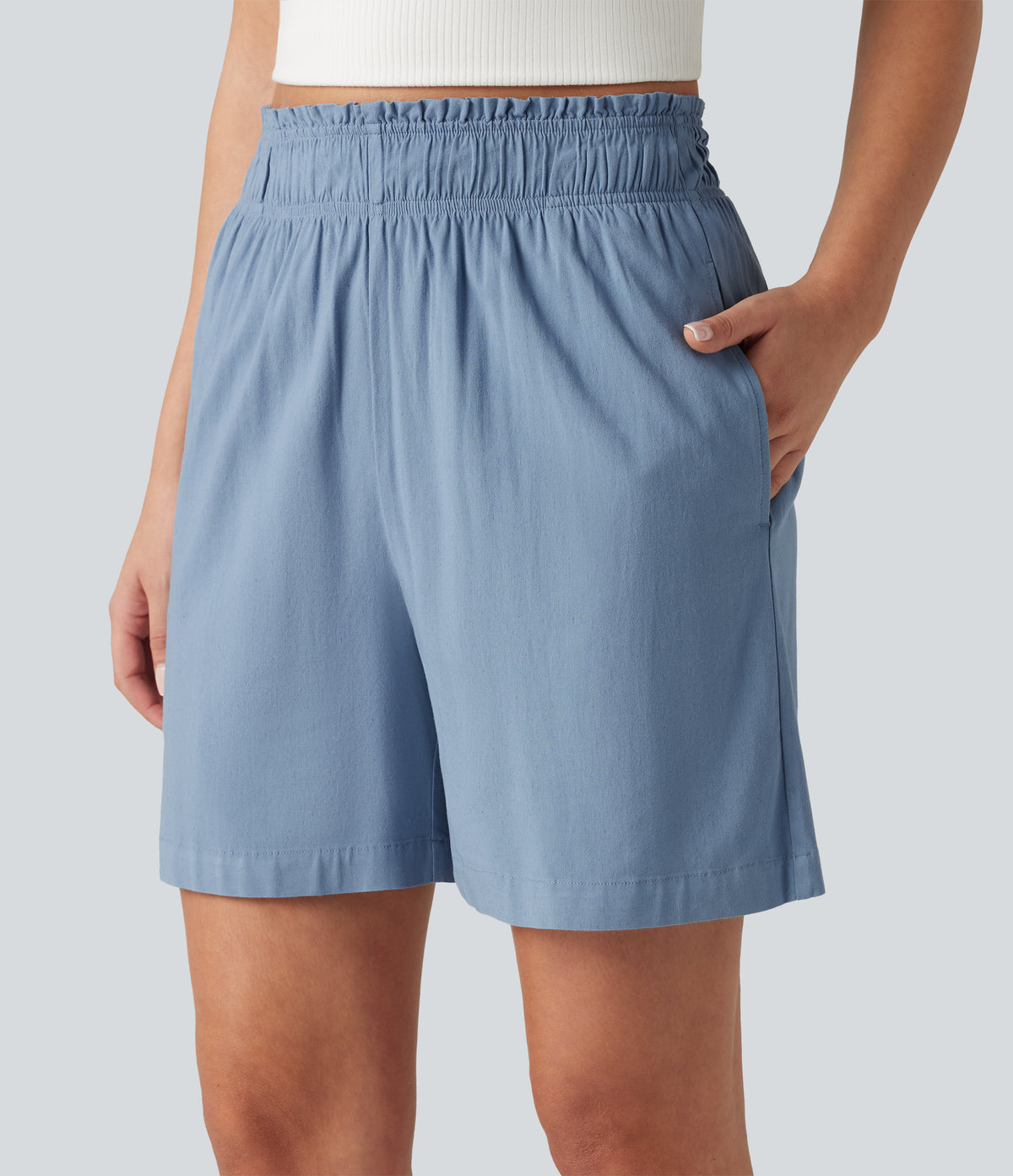 High Waisted Casual Stretch Linen Shorts 5'' with Pockets — Washed Cloud Blue — view 4