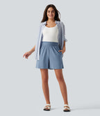 High Waisted Casual Stretch Linen Shorts 5'' with Pockets — Washed Cloud Blue — view 6