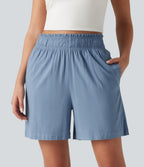 High Waisted Casual Stretch Linen Shorts 5'' with Pockets — Washed Cloud Blue — view 2