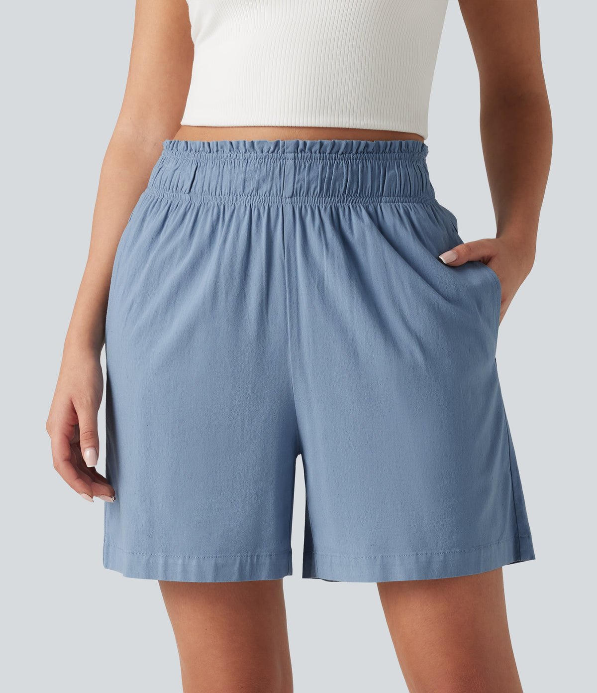 High Waisted Casual Stretch Linen Shorts 5'' with Pockets — Washed Cloud Blue — view 2
