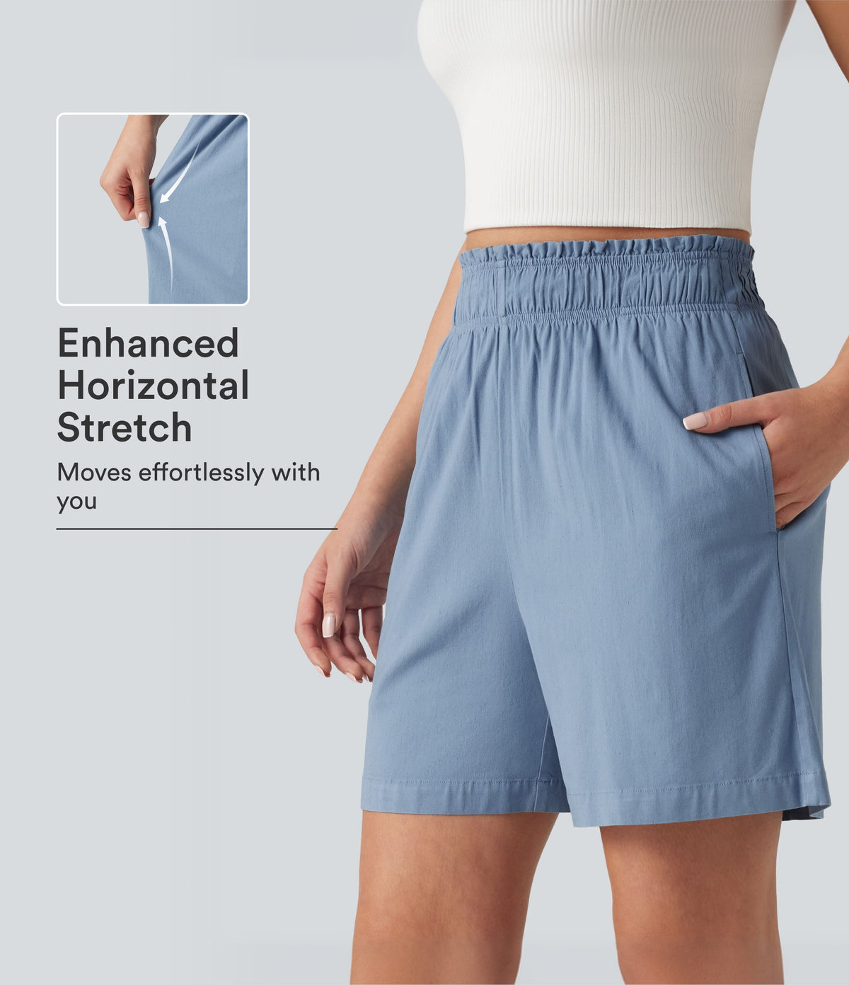 High Waisted Casual Stretch Linen Shorts 5'' with Pockets — Washed Cloud Blue — view 1