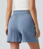 High Waisted Casual Stretch Linen Shorts 5'' with Pockets — Washed Cloud Blue — view 3