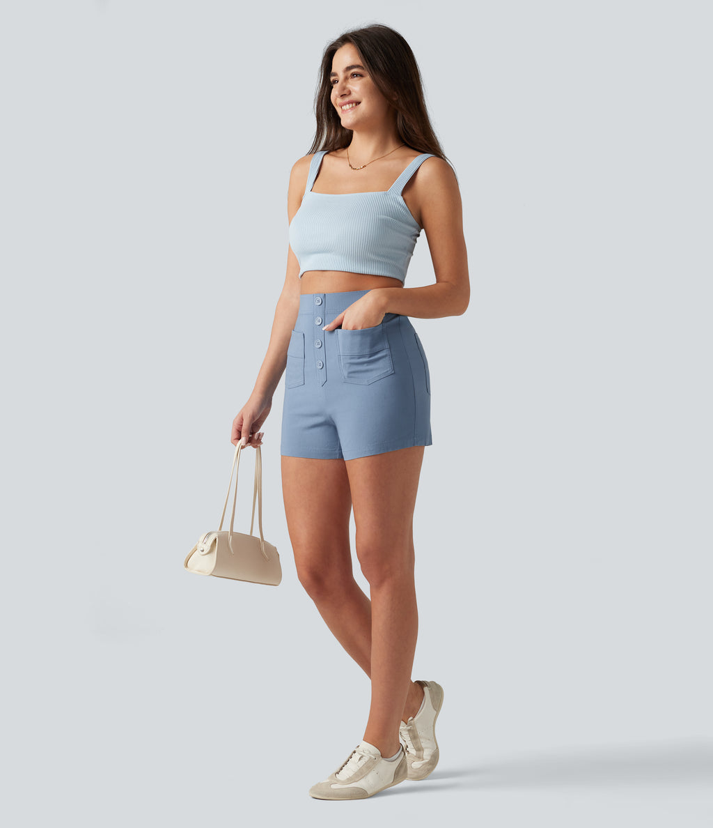 High Waisted Casual Stretch Linen Shorts 3'' with Pockets — Washed Cloud Blue — view 6