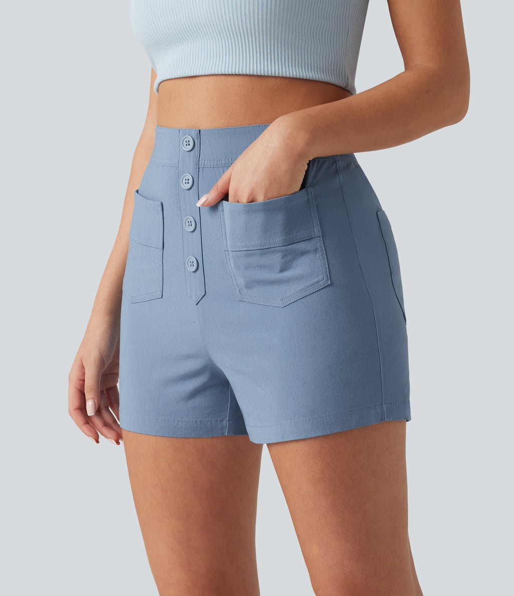 High Waisted Casual Stretch Linen Shorts 3'' with Pockets — Washed Cloud Blue — view 3