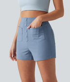 High Waisted Casual Stretch Linen Shorts 3'' with Pockets — Washed Cloud Blue — view 3