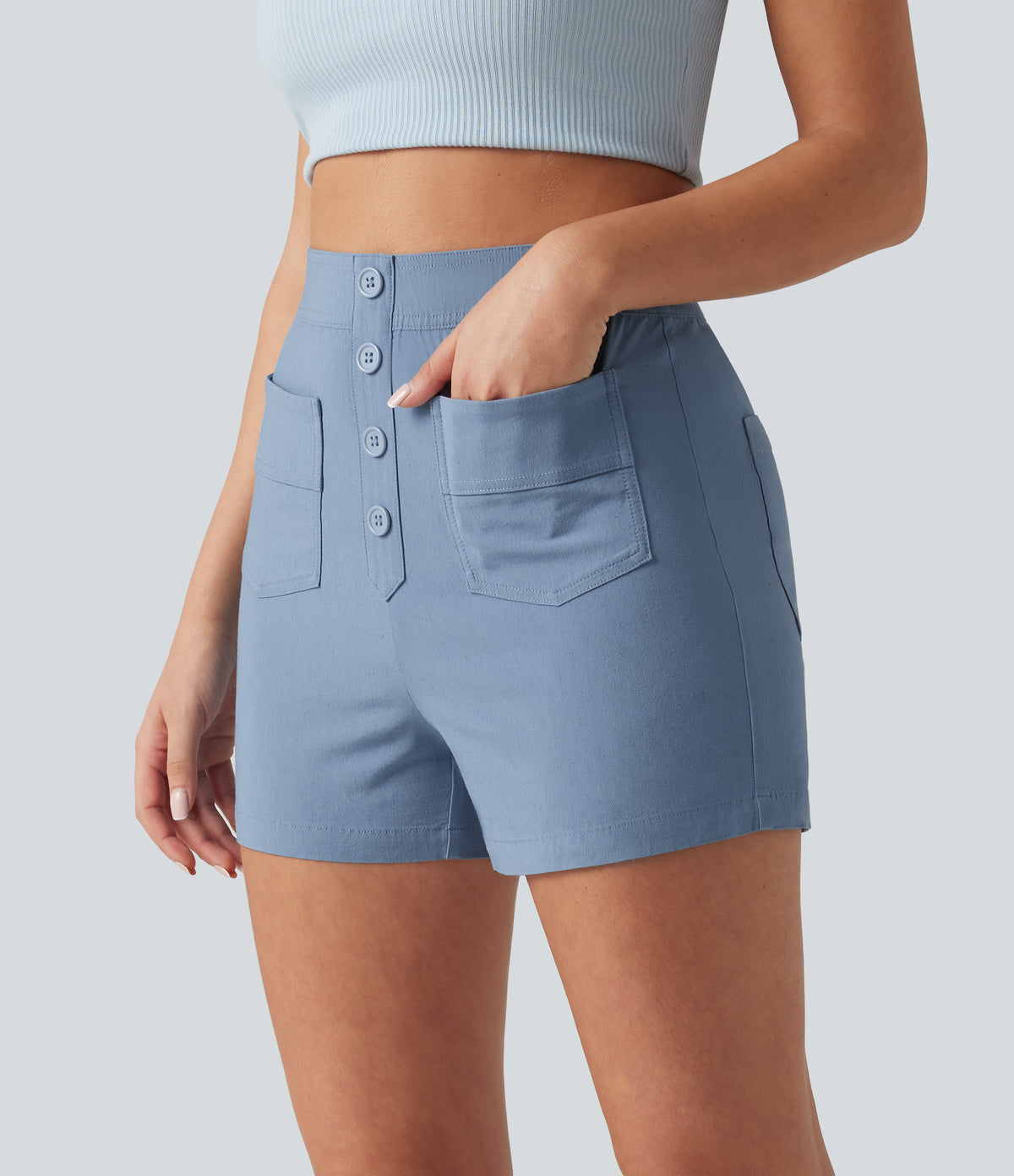High Waisted Casual Stretch Linen Shorts 3'' with Pockets — Washed Cloud Blue — view 3
