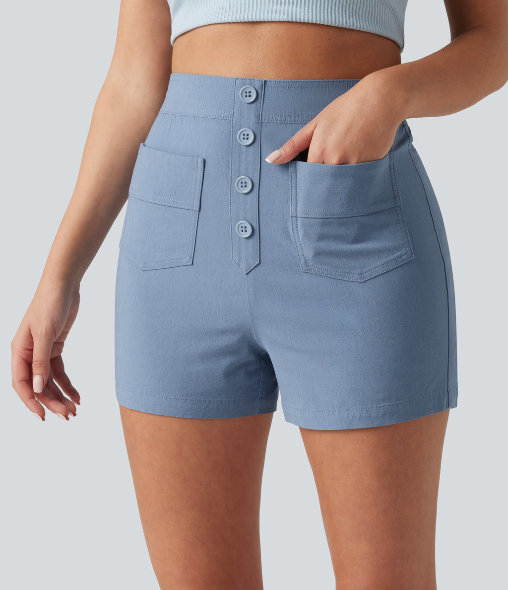 High Waisted Casual Stretch Linen Shorts 3'' with Pockets — Washed Cloud Blue — view 4