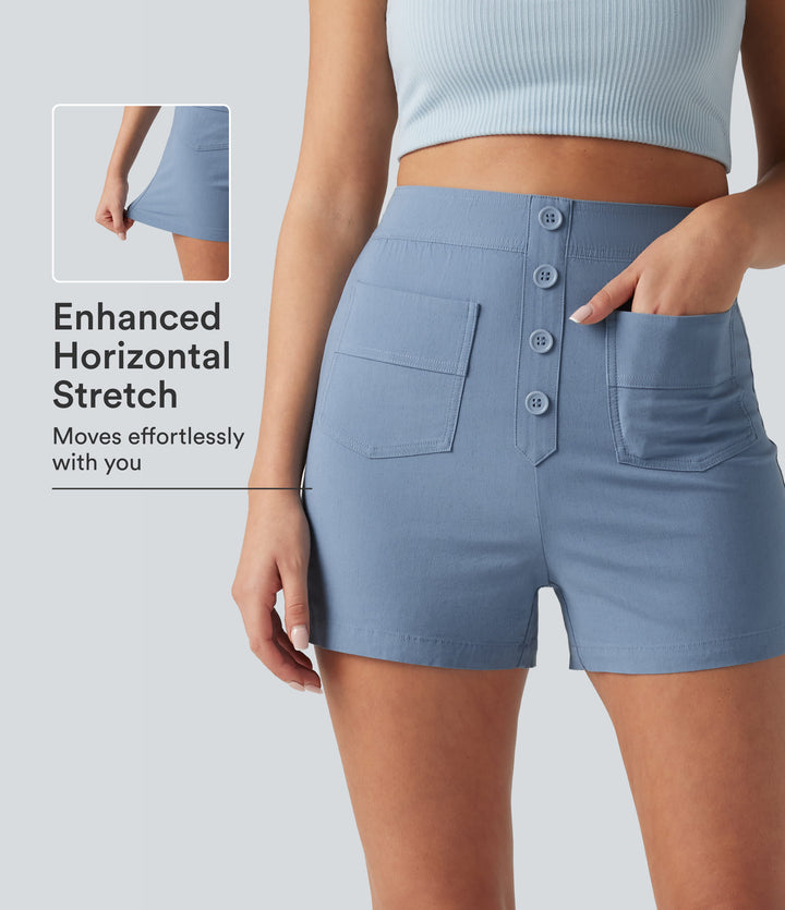 High Waisted Casual Stretch Linen Shorts 3'' with Pockets — Washed Cloud Blue — view 1