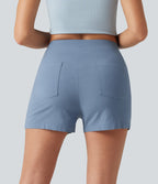 High Waisted Casual Stretch Linen Shorts 3'' with Pockets — Washed Cloud Blue — view 2
