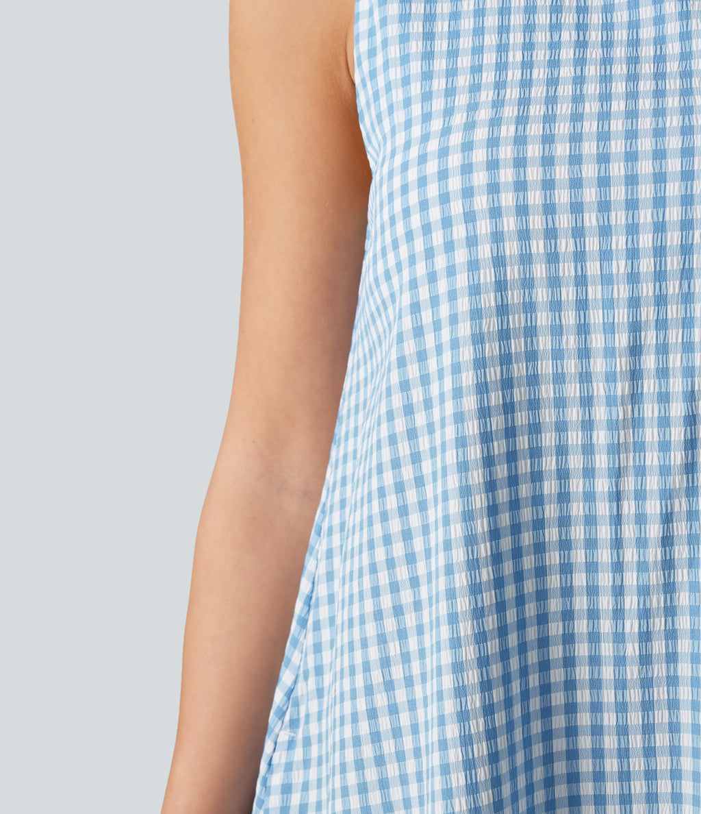 Round Neck Sleeveless Built-in Bra Midi Crinkle Gingham Casual Tank Dress with Pockets — Blue White Bubble Grid — view 6