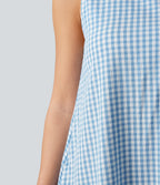 Round Neck Sleeveless Built-in Bra Midi Crinkle Gingham Casual Tank Dress with Pockets — Blue White Bubble Grid — view 6