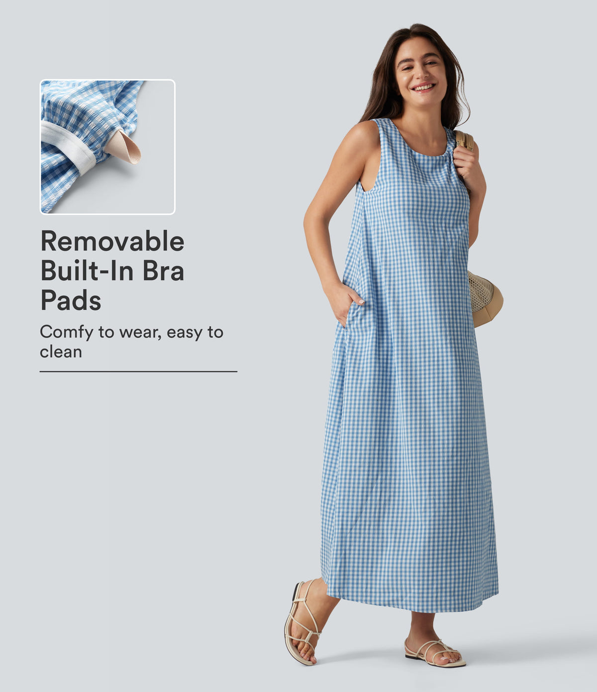 Round Neck Sleeveless Built-in Bra Midi Crinkle Gingham Casual Tank Dress with Pockets — Blue White Bubble Grid — view 1
