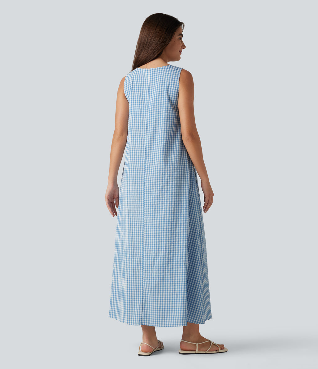 Round Neck Sleeveless Built-in Bra Midi Crinkle Gingham Casual Tank Dress with Pockets — Blue White Bubble Grid — view 2
