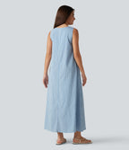 Round Neck Sleeveless Built-in Bra Midi Crinkle Gingham Casual Tank Dress with Pockets — Blue White Bubble Grid — view 2