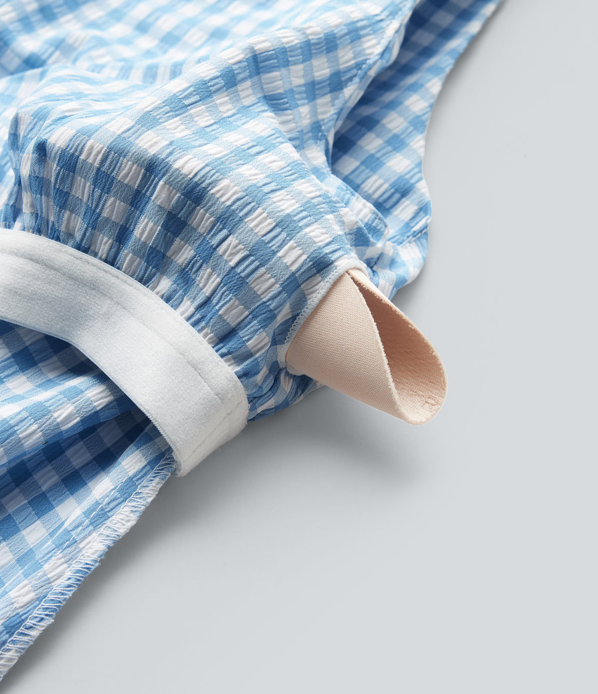 Round Neck Sleeveless Built-in Bra Midi Crinkle Gingham Casual Tank Dress with Pockets — Blue White Bubble Grid — view 7
