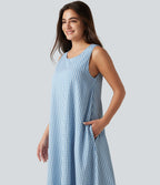 Round Neck Sleeveless Built-in Bra Midi Crinkle Gingham Casual Tank Dress with Pockets — Blue White Bubble Grid — view 5