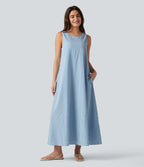 Round Neck Sleeveless Built-in Bra Midi Crinkle Gingham Casual Tank Dress with Pockets — Blue White Bubble Grid — view 4