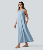 Round Neck Sleeveless Built-in Bra Midi Crinkle Gingham Casual Tank Dress with Pockets — Blue White Bubble Grid — view 3