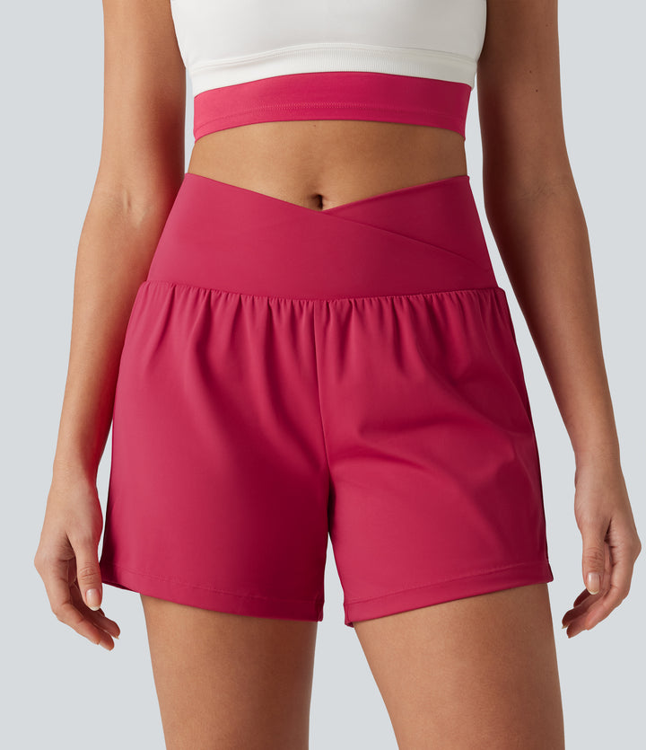 Airy Crossover High Waisted 2-in-1 InstantCool Yoga Shorts 5'' with Pockets — Winterberry — view 1