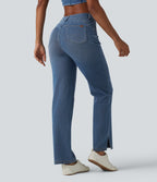 Curvy High Waisted Split Casual Straight Leg Jeans with Pockets — Malibu Blue Denim — view 3