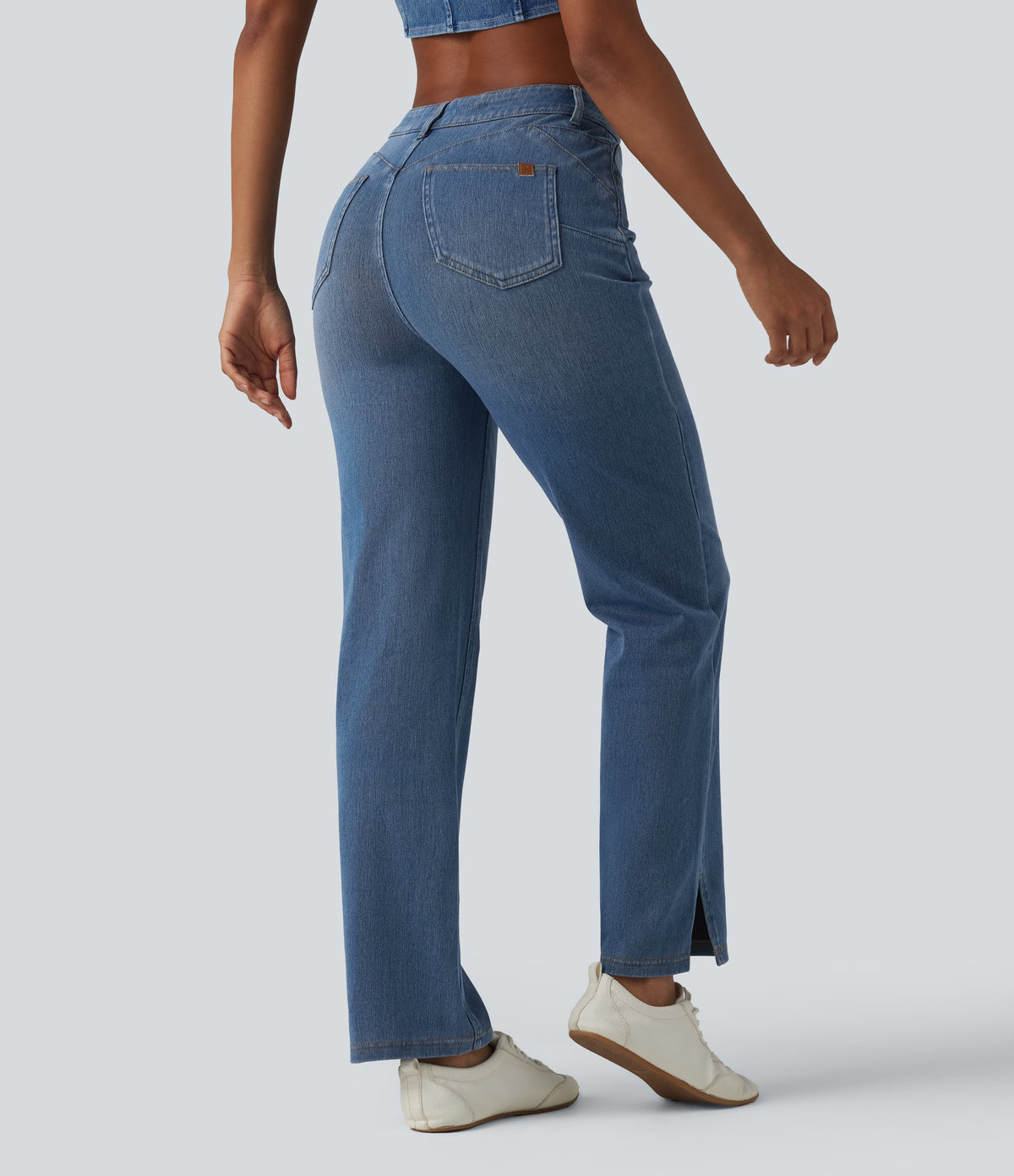 Curvy High Waisted Split Casual Straight Leg Jeans with Pockets — Malibu Blue Denim — view 3
