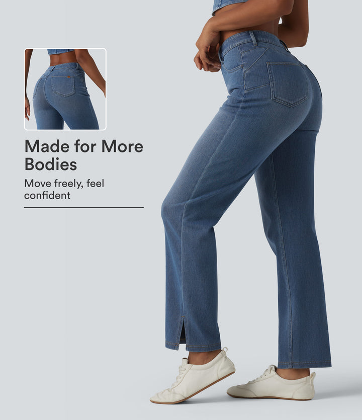 Curvy High Waisted Split Casual Straight Leg Jeans with Pockets — Malibu Blue Denim — view 1