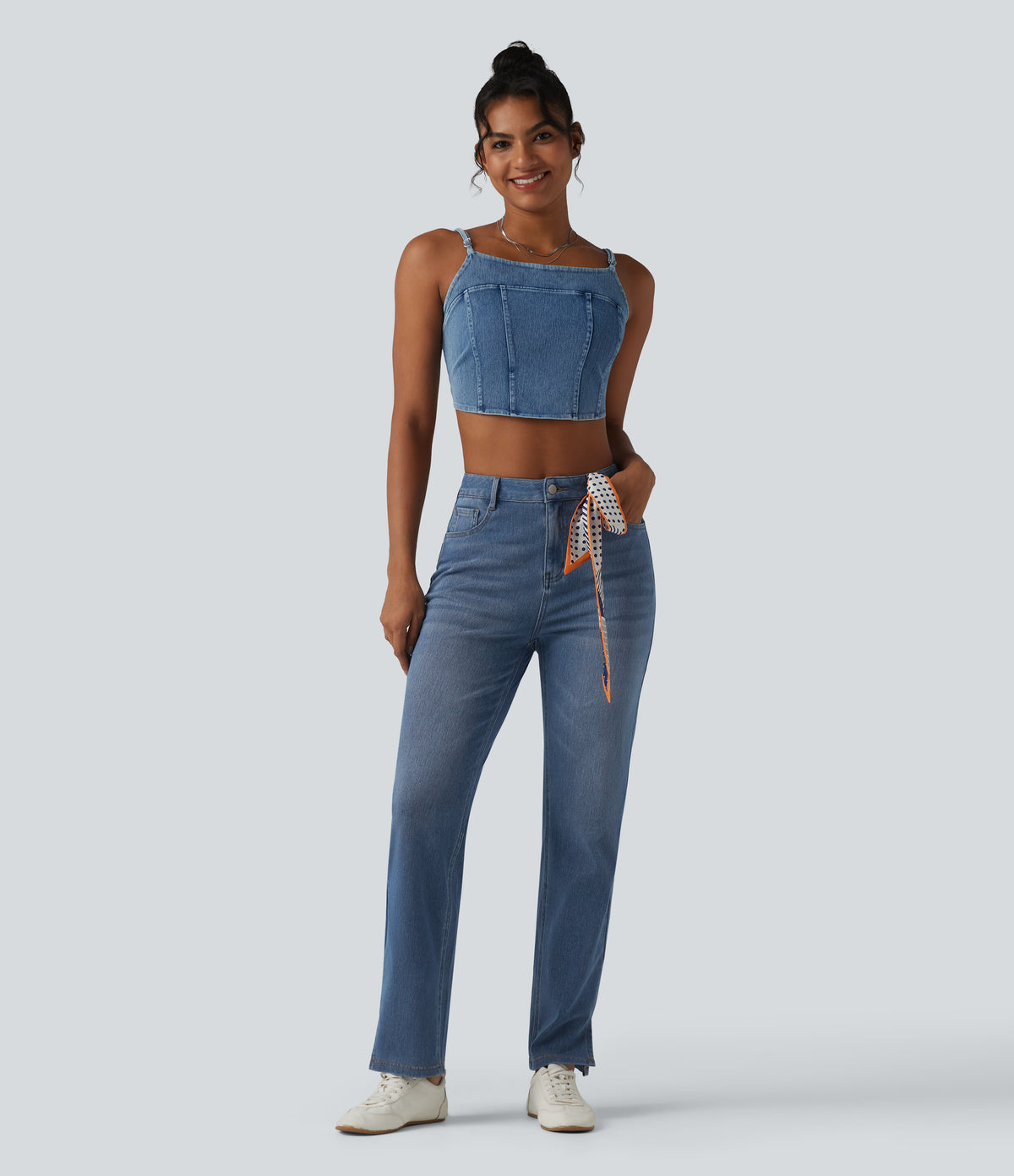 Curvy High Waisted Split Casual Straight Leg Jeans with Pockets — Malibu Blue Denim — view 7