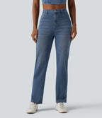 Curvy High Waisted Split Casual Straight Leg Jeans with Pockets — Malibu Blue Denim — view 2