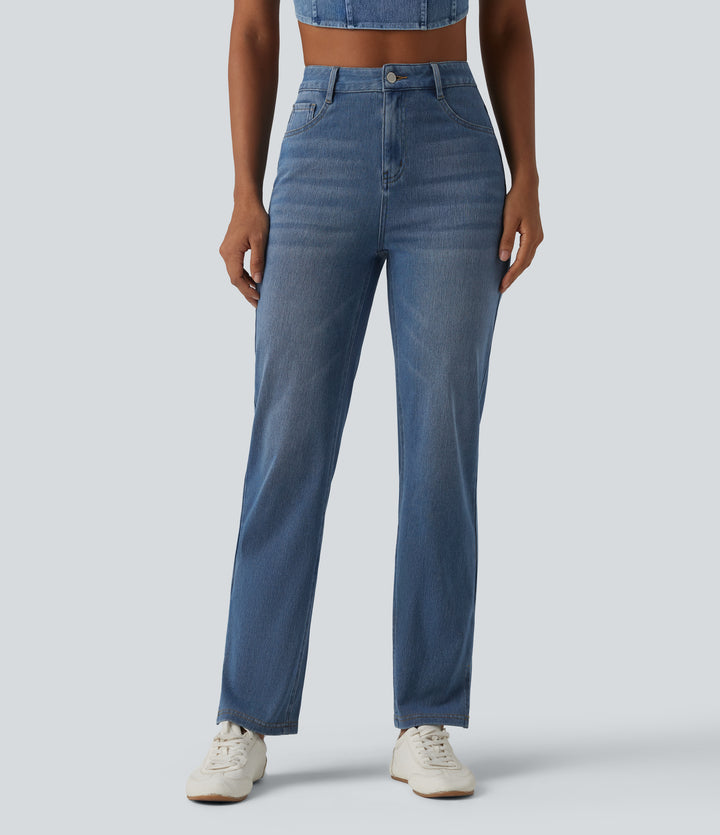 Curvy High Waisted Split Casual Straight Leg Jeans with Pockets — Malibu Blue Denim — view 2