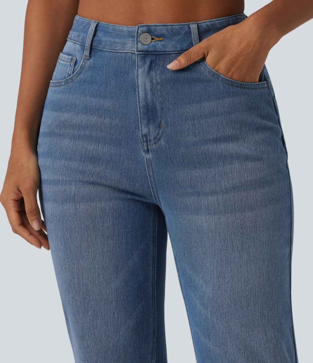 Curvy High Waisted Split Casual Straight Leg Jeans with Pockets — Malibu Blue Denim — view 5