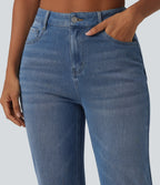 Curvy High Waisted Split Casual Straight Leg Jeans with Pockets — Malibu Blue Denim — view 5