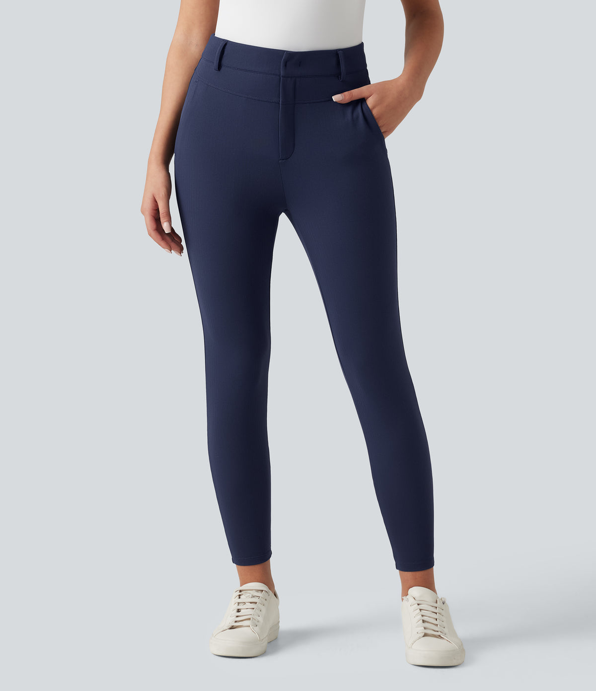 High Waisted Herringbone Golf Skinny Trousers with Pockets — Peacoat — view 2