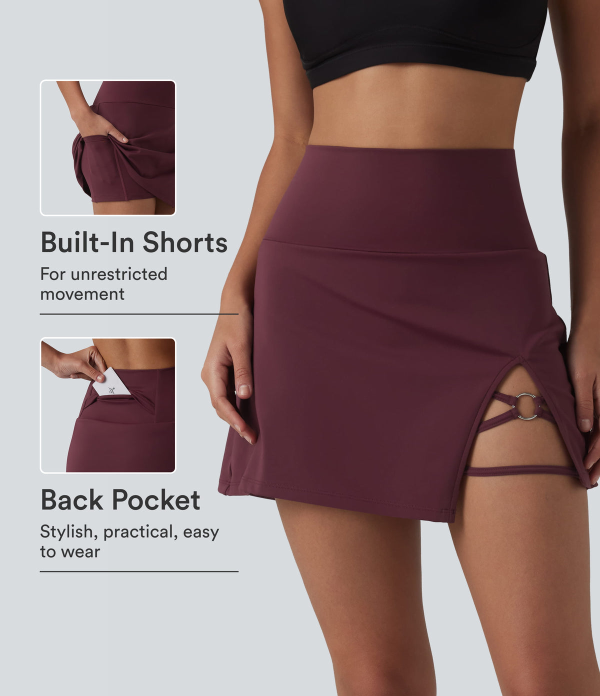 High Waisted Asymmetric Hem 2-in-1 A-line Mini Dance Skirt with Pockets — Berry Red — view 1