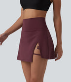High Waisted Asymmetric Hem 2-in-1 A-line Mini Dance Skirt with Pockets — Berry Red — view 3