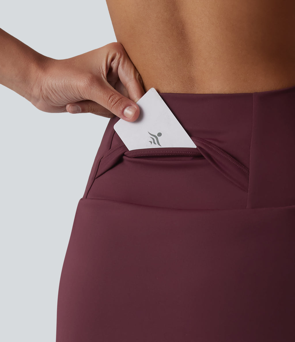 High Waisted Asymmetric Hem 2-in-1 A-line Mini Dance Skirt with Pockets — Berry Red — view 5