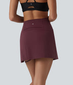 High Waisted Asymmetric Hem 2-in-1 A-line Mini Dance Skirt with Pockets — Berry Red — view 2