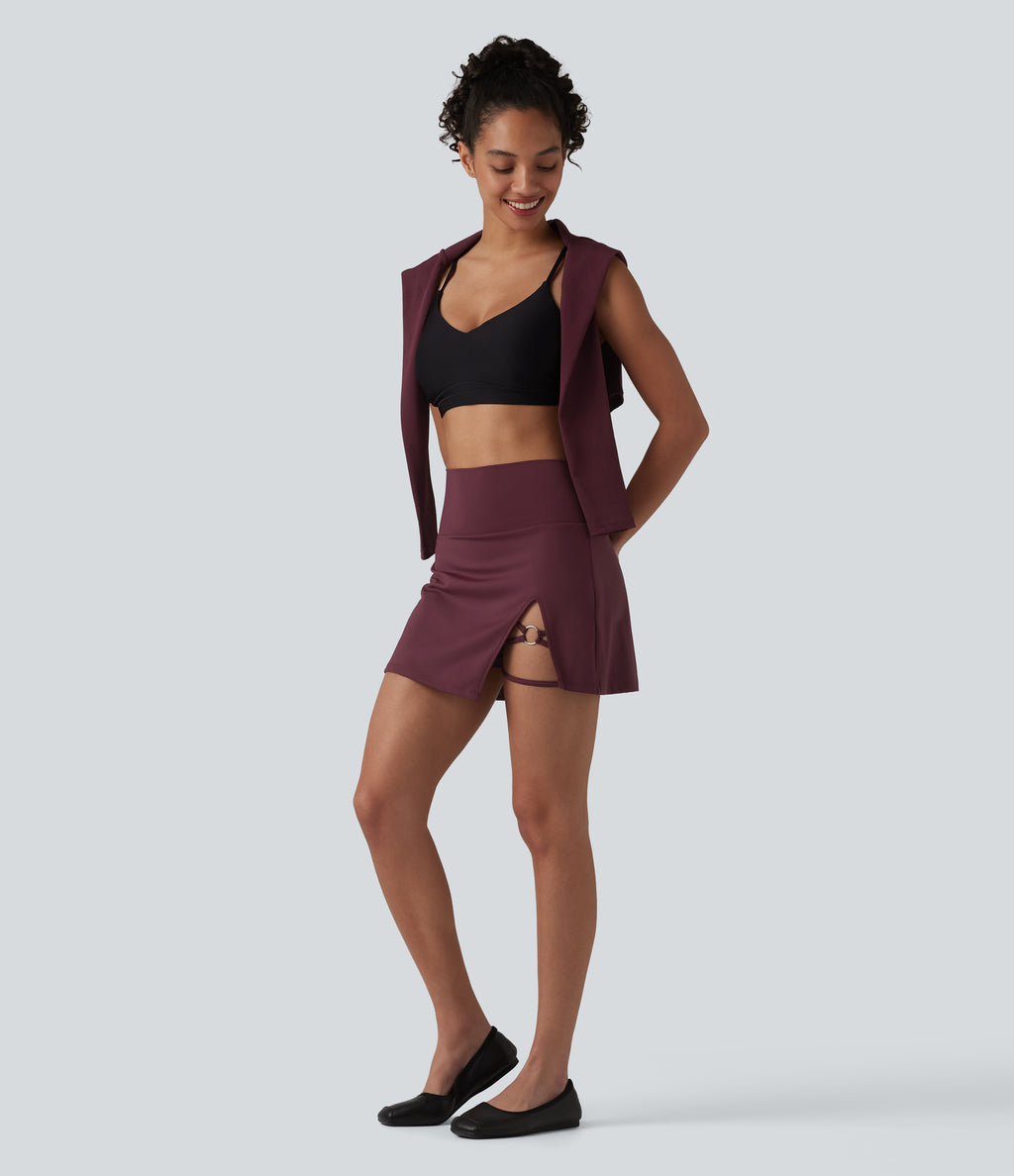 High Waisted Asymmetric Hem 2-in-1 A-line Mini Dance Skirt with Pockets — Berry Red — view 7